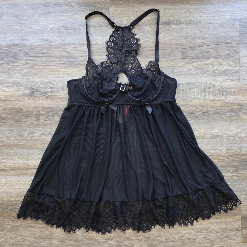 Seven 'til Midnight Black Lace Underwire Babydoll Mesh Chemise Dress Medium
